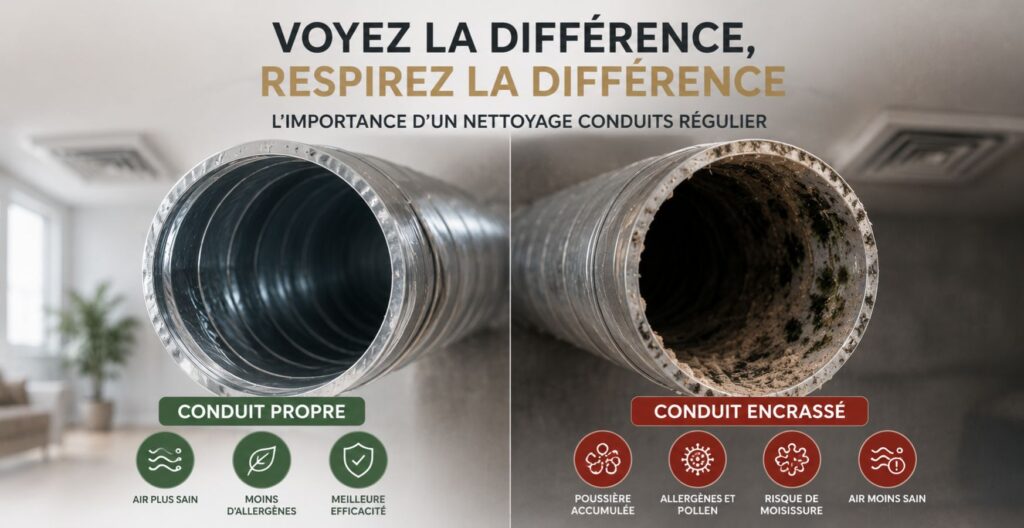 Comparaison entre un conduit de ventilation propre et un conduit contaminé.