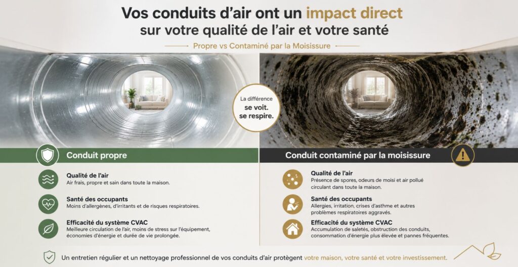 Comparaison entre un conduit de ventilation propre et un conduit contaminé par la moisissure.