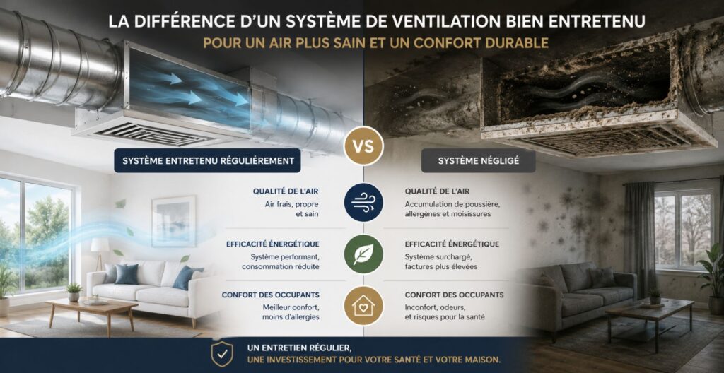 Comparaison entre un système de ventilation entretenu et un système encrassé.