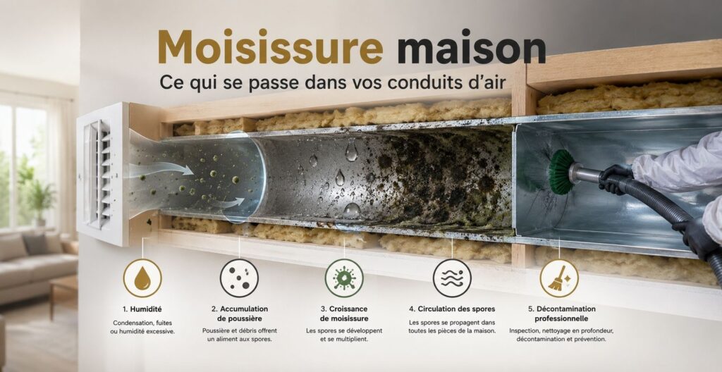 Développement de la moisissure dans les conduits de ventilation d'une maison.