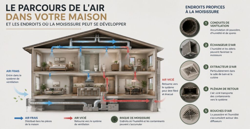Schéma du système de ventilation résidentiel avec zones à risque de moisissure.