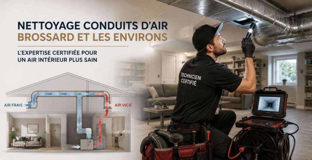 Technicien certifié effectuant l'inspection de conduits d'air dans une résidence à Brossard.